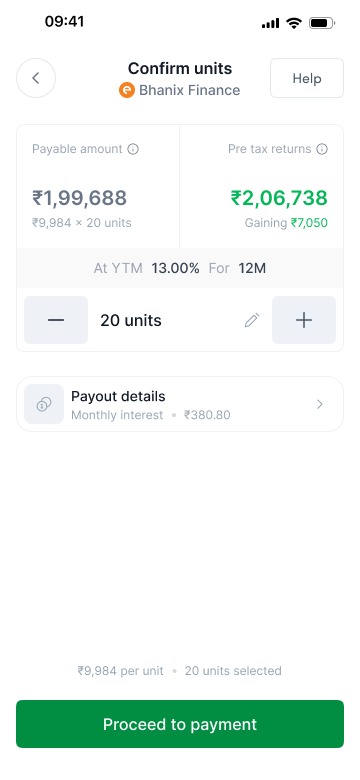 The confirm-units step: units selected with the investment amount, returns summary, and the repayment schedule visible before committing