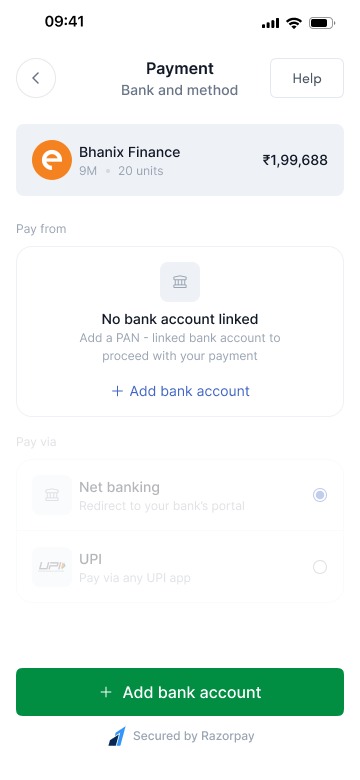 The payment step with no bank account yet: the flow explains and offers adding a bank account inline instead of dead-ending