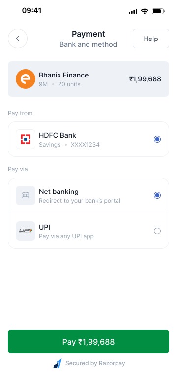 The payment step in its default state: verified bank account preselected, UPI and net-banking options, and the amount restated in plain language