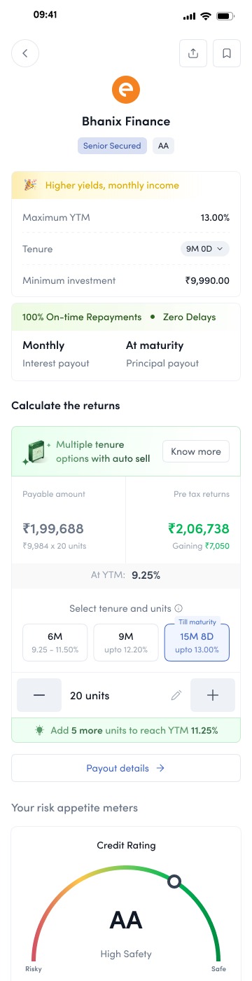 The mobile bond details page for an ultra-short-term bond: yield, tenure, and minimum investment up top, followed by returns and key facts in plain language