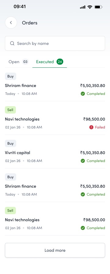 Executed and open orders: buys and sells in one list with statuses and details